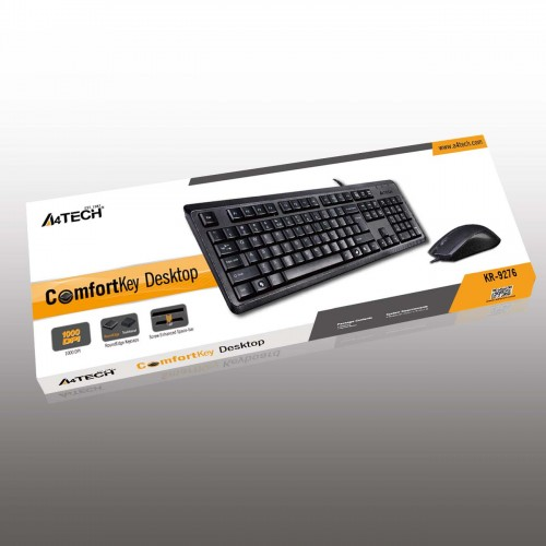 Siyah klavye ve fare içeren A4Tech ComfortKey Masaüstü seti için ürün ambalajı.