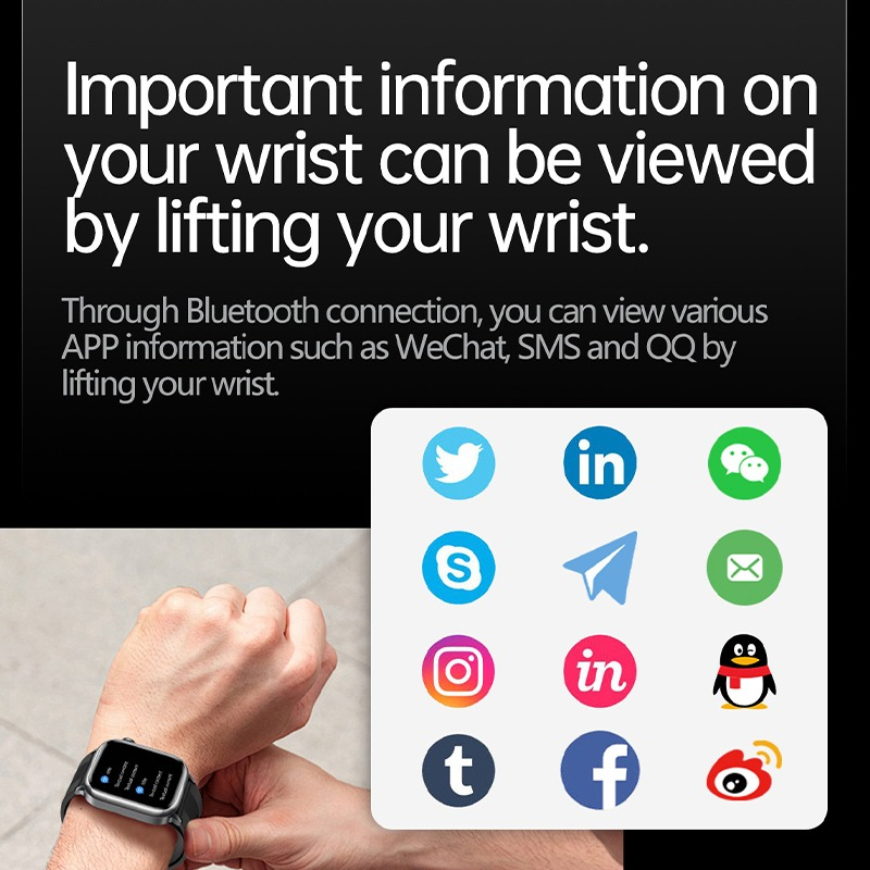 Important app info on smartwatch with various social media logos and a wrist view.