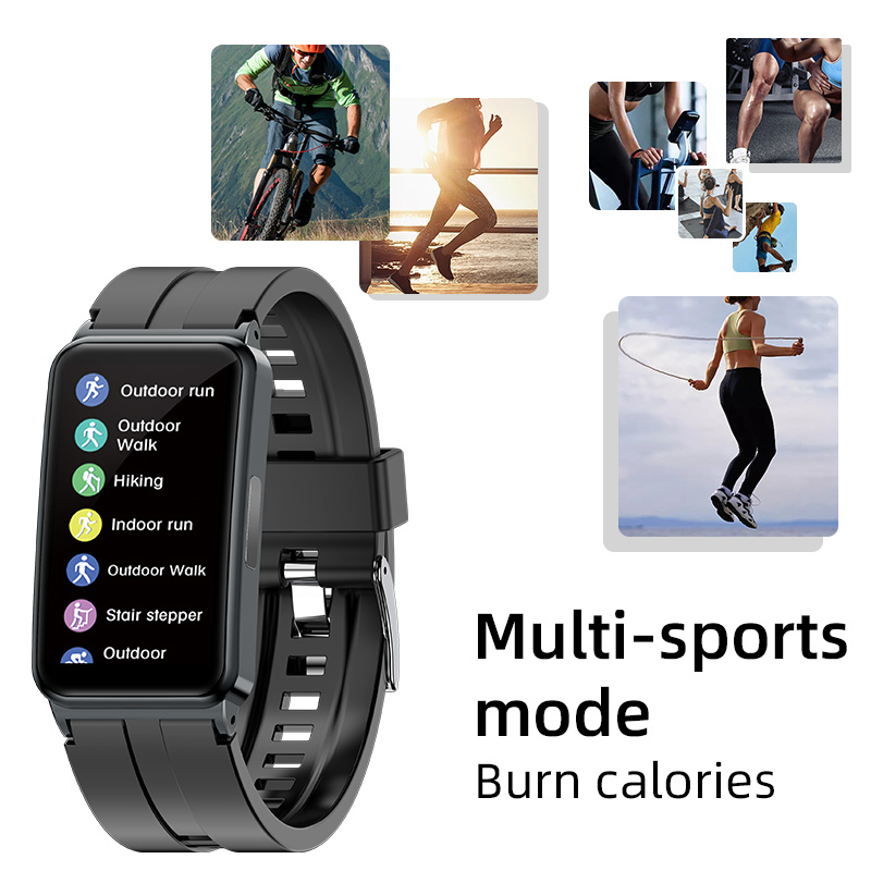 Zwarte smartwatch met sportmodi en achtergrondafbeeldingen van mensen die fietsen, hardlopen en touwtrespringen.