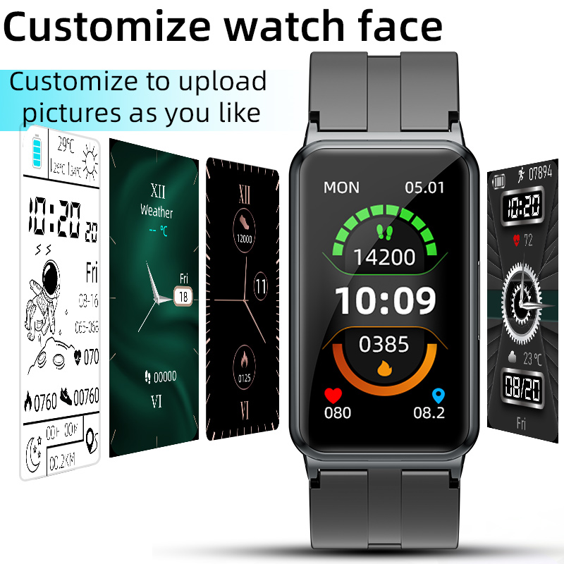 Smartwatch met een aanpasbare wijzerplaat en diverse achtergrondontwerpen.