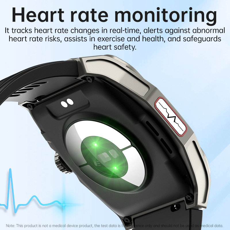 Close-up of the back of a smartwatch with glowing green sensors for heart rate monitoring.