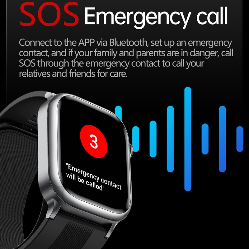 Smartwatch displaying an SOS emergency call countdown with blue sound wave graphics.