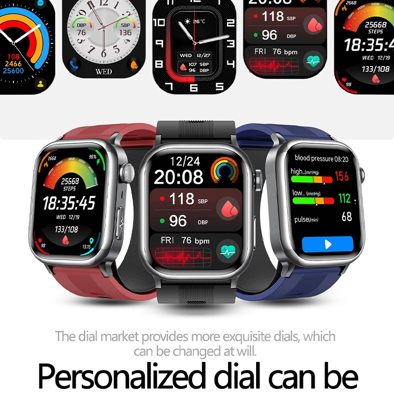 Three smartwatches with various digital watch faces and colorful straps showcase customizable designs.