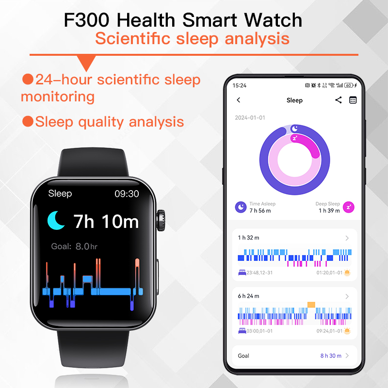 Smartwatch and smartphone displaying sleep analysis data with charts and times.