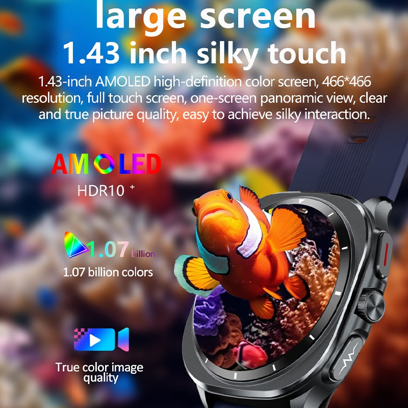 Smartwatch displaying a vibrant clownfish image on its AMOLED screen, surrounded by promotional text.