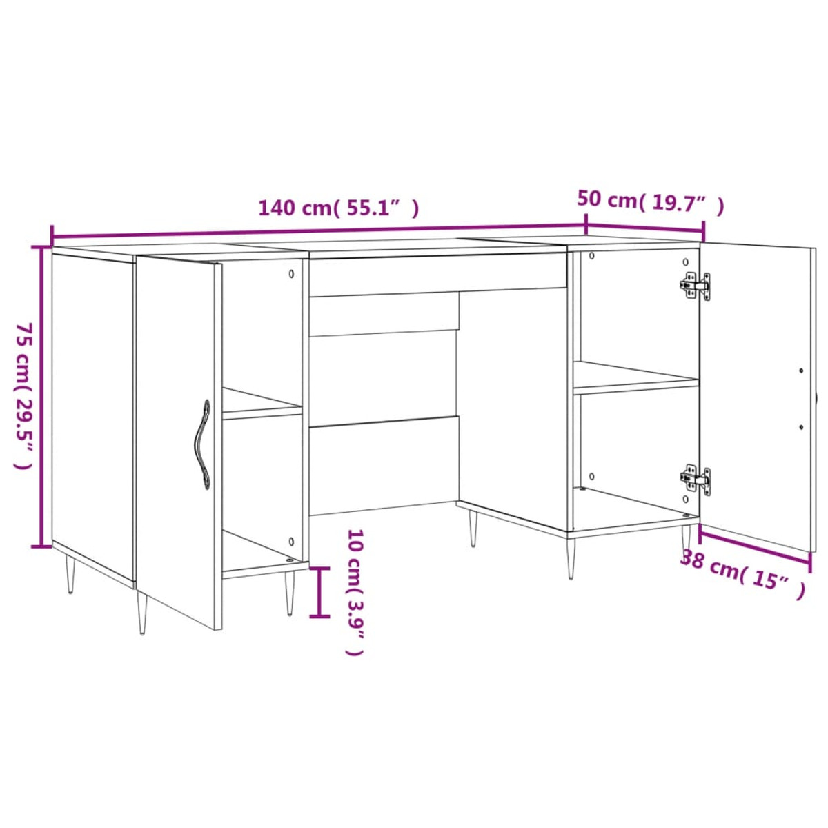 Linienzeichnung eines Sideboards mit geöffneten Türen und Maßangaben in Zentimetern und Zoll.