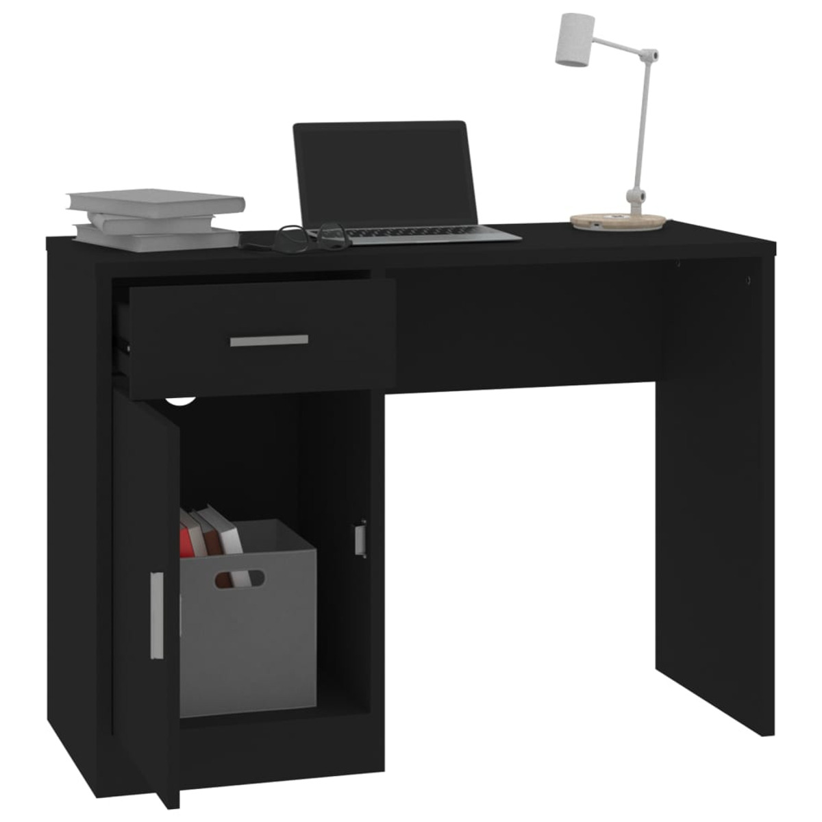 Ein schwarzer Schreibtisch mit einem Laptop, einer Lampe, Büchern und Brillen darauf. Unten links sind Schublade und Schrank.