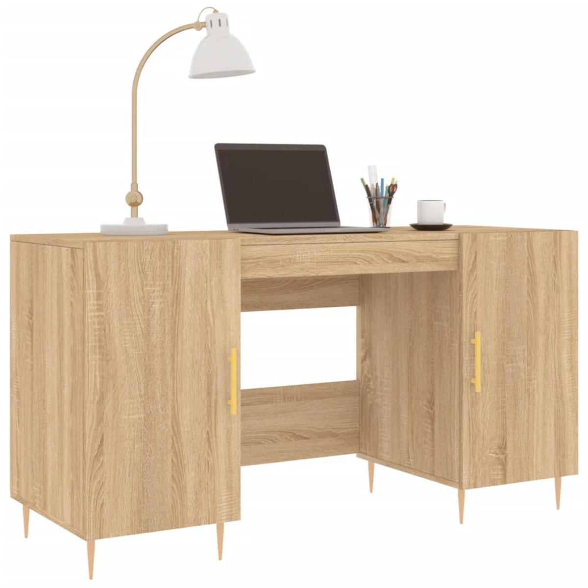 Ein holzfarbener Schreibtisch mit zwei Schränken, Laptop, Lampe, Stiften und Tasse auf weißem Hintergrund.