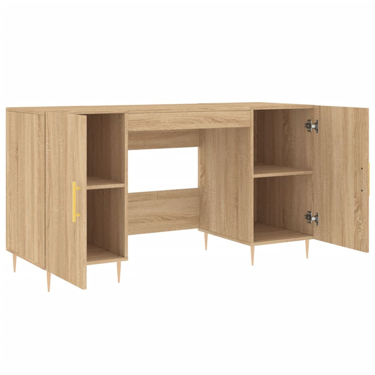 Ein hölzerner Schreibtisch mit offenen Regalen und geöffneten Schranktüren auf dünnen Beinen.