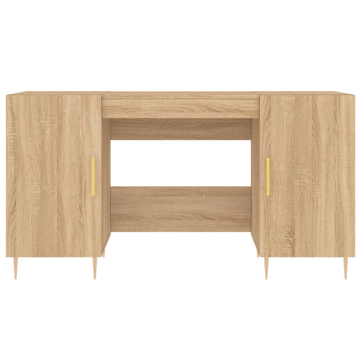 Ein hellbrauner Schreibtisch aus Holz mit zwei Schränken, einer Schublade und goldenen Beinen.