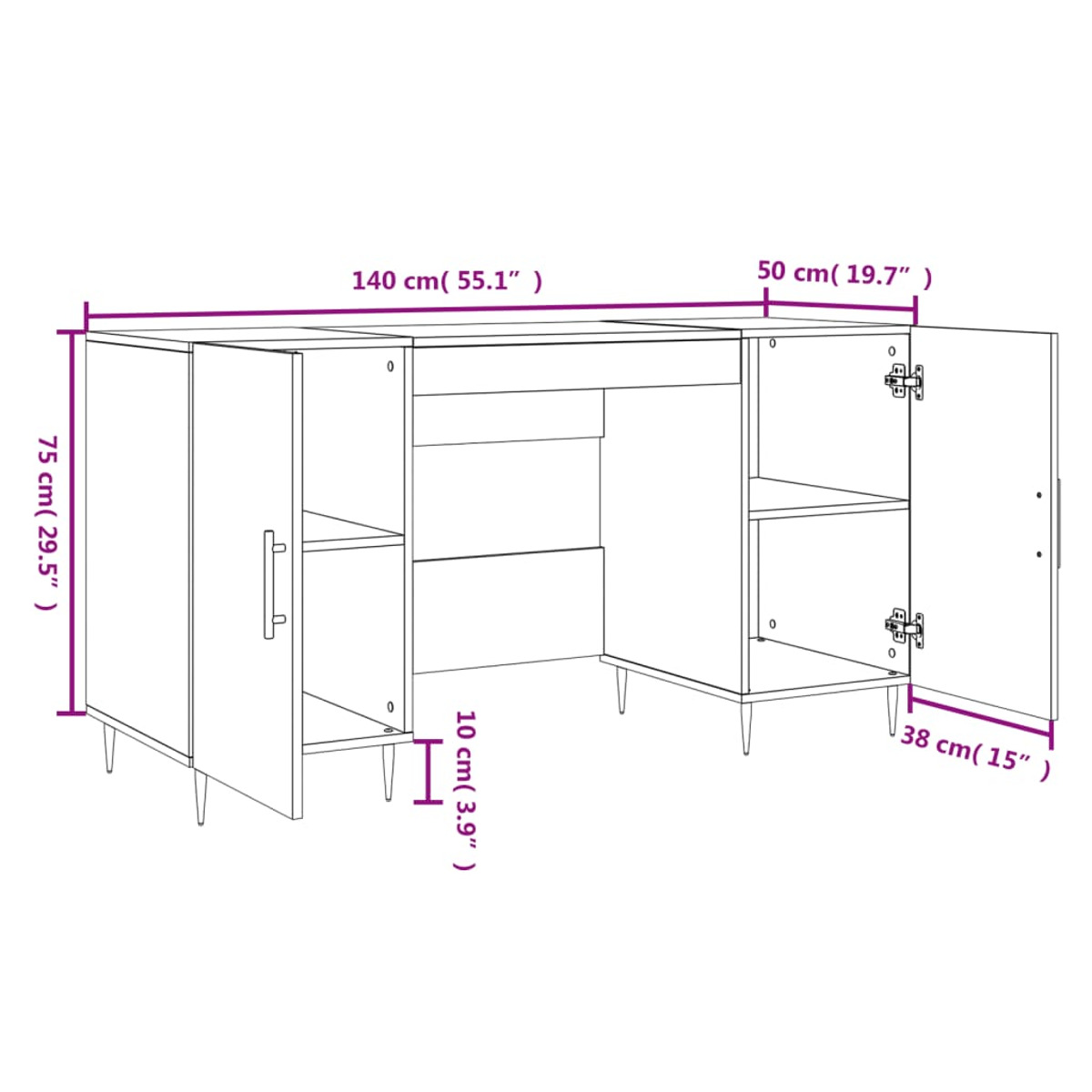 Linienzeichnung eines Sideboards mit zwei Türen, Regalen und Maßangaben in Zentimetern und Zoll.
