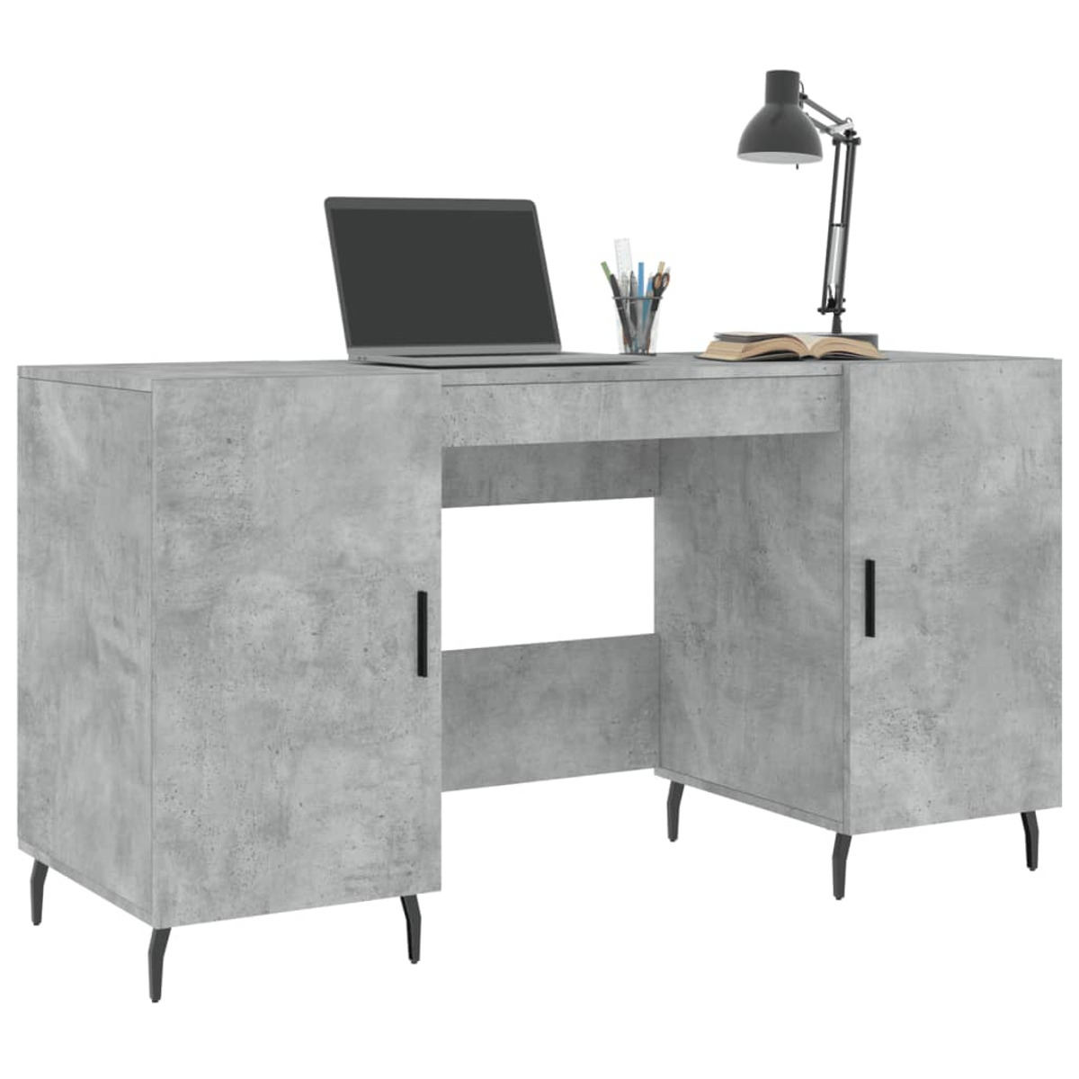 Grauer Schreibtisch im Beton-Look mit Laptop, Stiften, Buch und schwarzer Lampe.