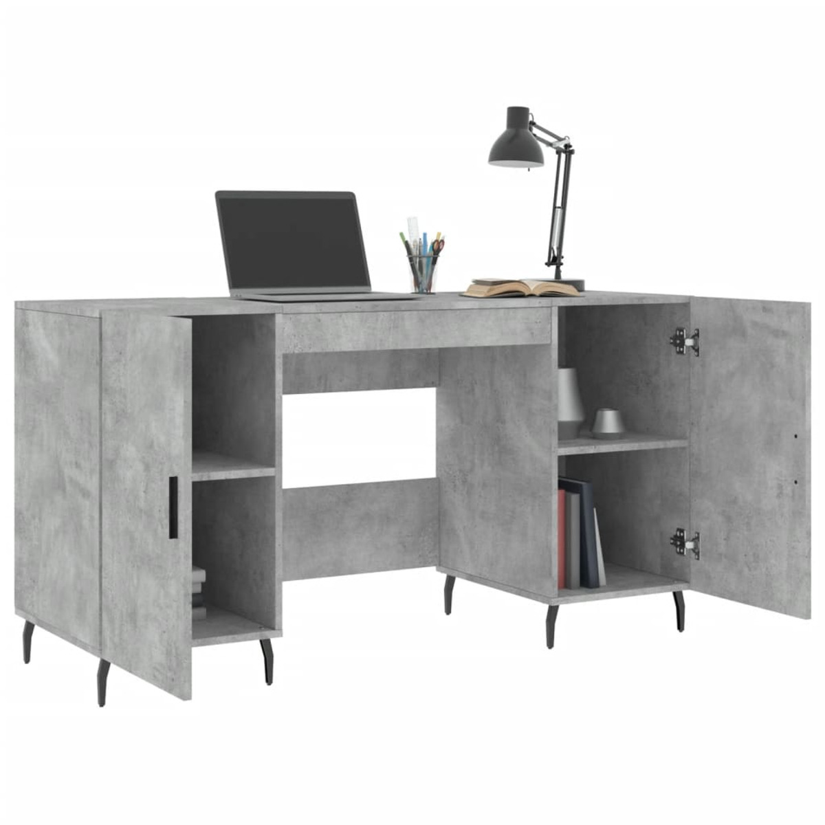 Grauer Schreibtisch im Beton-Look mit offenen Regalen, Schränken, Laptop, Stiftbecher, Buch und Tischlampe.