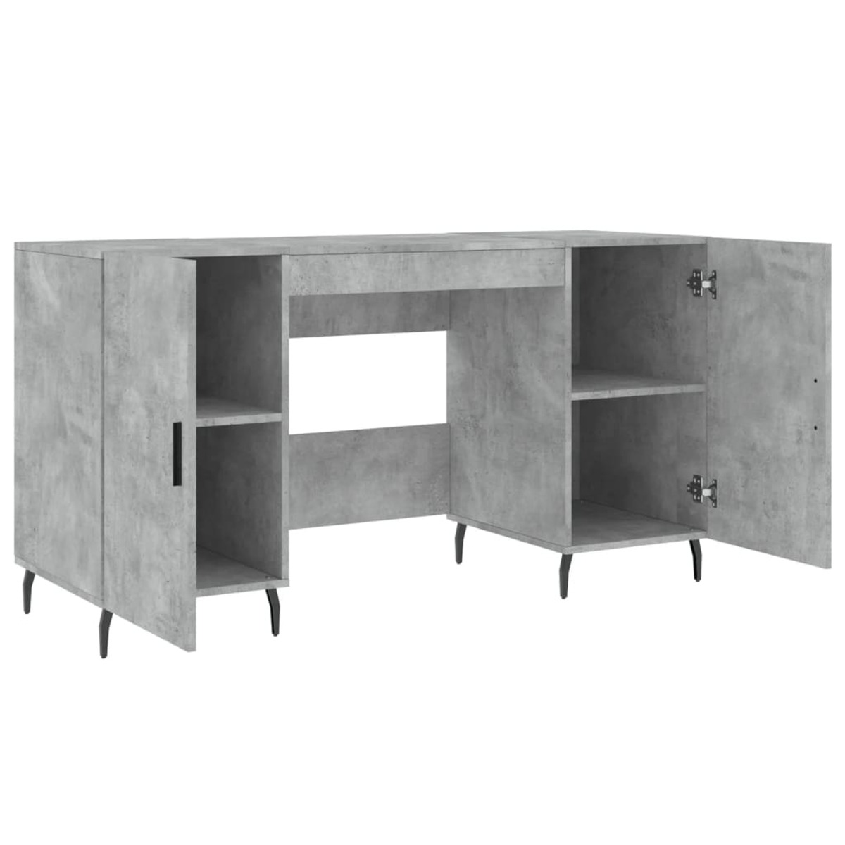 Ein betongrauer Schreibtisch mit schwarzen Metallbeinen und Seitenschränken mit offenen Türen und Regalen.