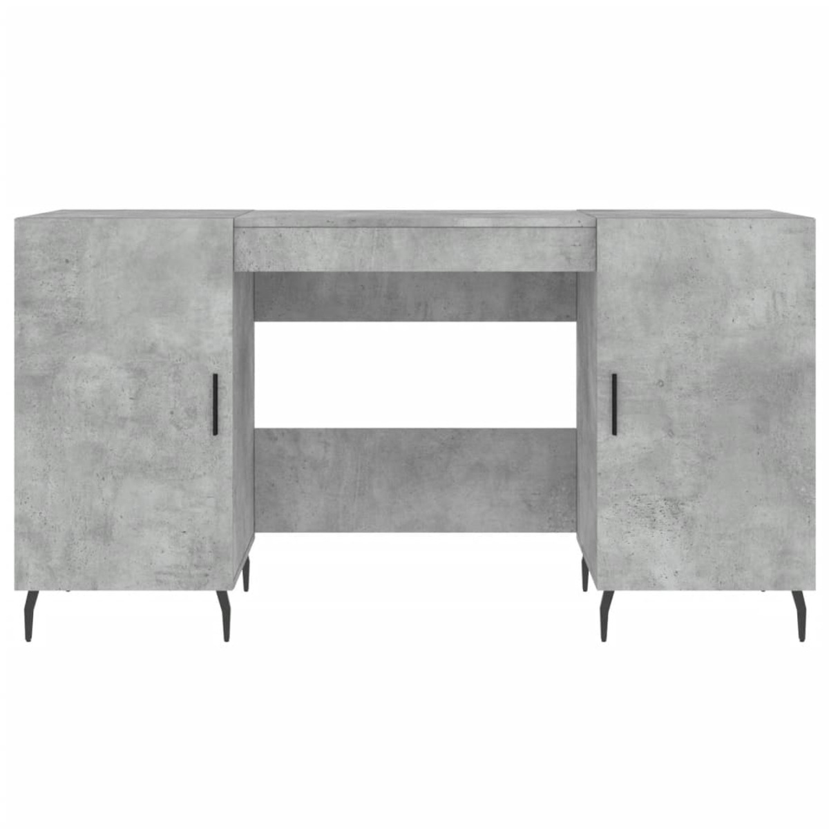 Grauer Schreibtisch in Betonoptik mit zwei Schränken und schwarzen Griffen auf schmalen Metallbeinen.