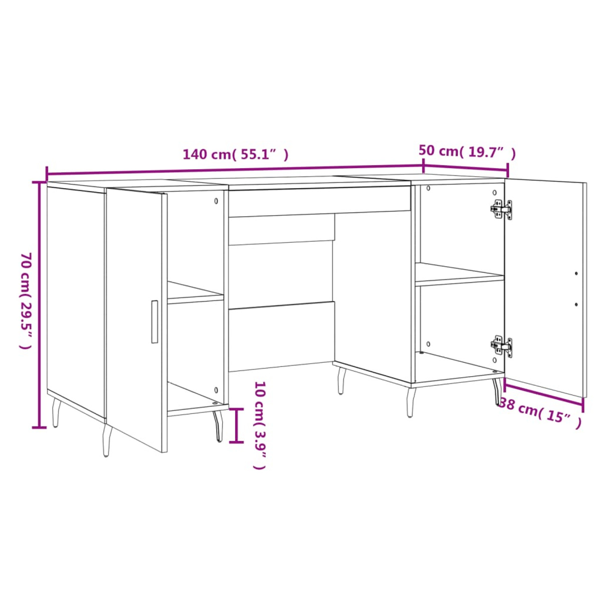 Diagramm eines Sideboards mit Maßen von 140x50x70 cm, mit zwei offenen Schranktüren und Regalen.