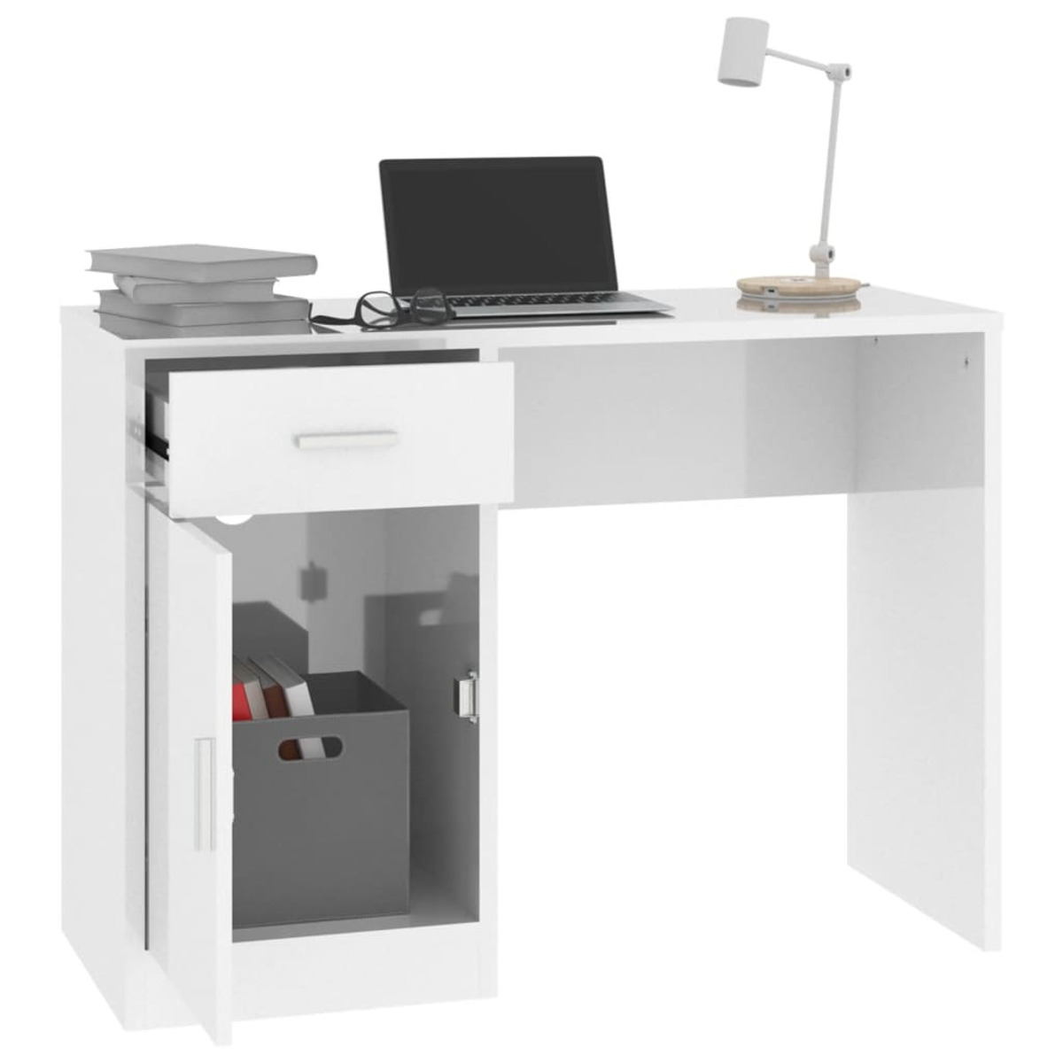 Weißer Schreibtisch mit offener Schublade, Laptop, Lampe und grauem Staufach unten.