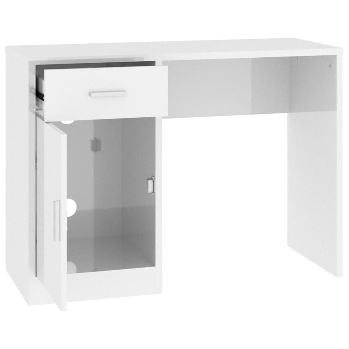 Ein weißer Schreibtisch mit einem offenen Schrank und einer geöffneten Schublade auf weißem Hintergrund.