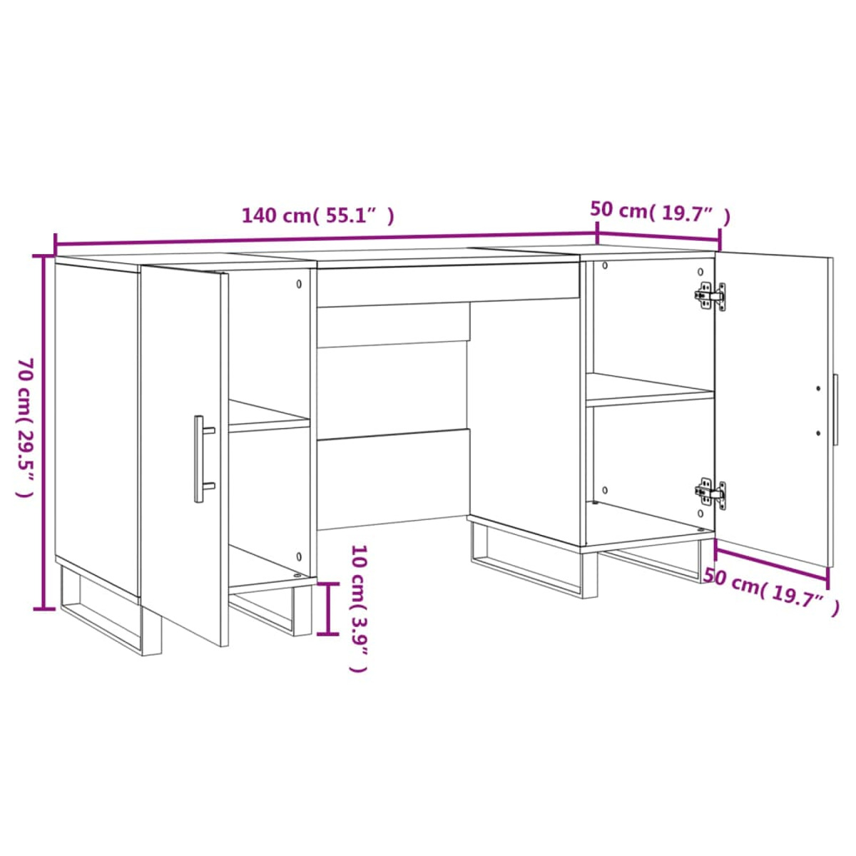 Linienzeichnung eines Sideboards mit zwei offenen Türen, Maße 140x50x70 cm.