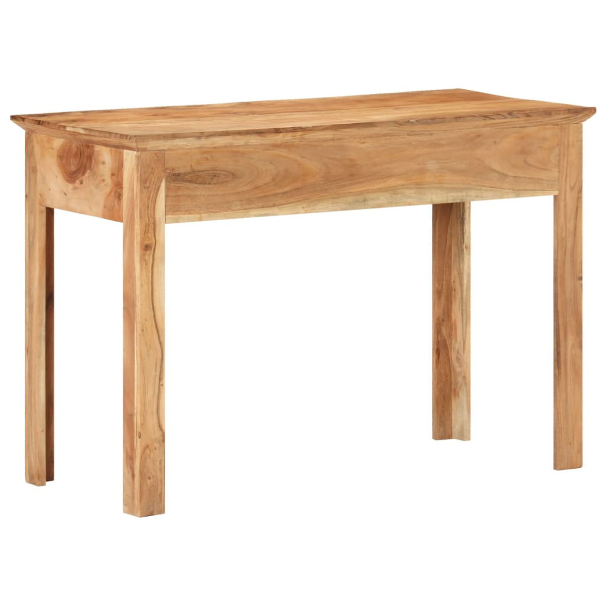Ein einfacher, rechteckiger Holztisch mit vier dicken Beinen vor weißem Hintergrund.
