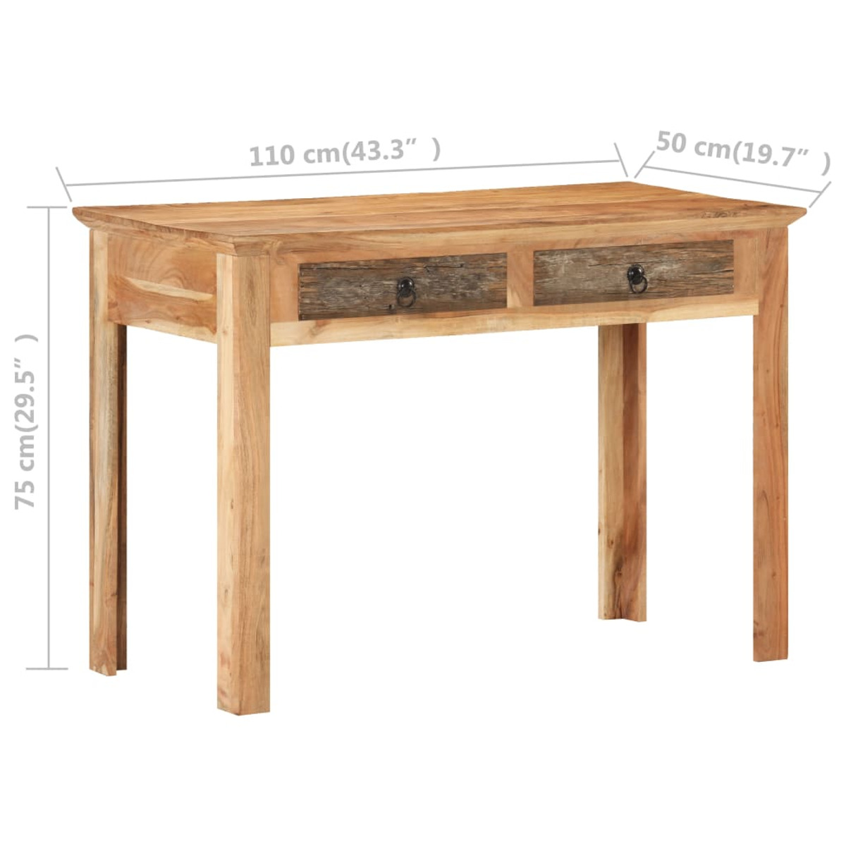 Ein holzfarbener Schreibtisch mit zwei Schubladen und Abmessungen.