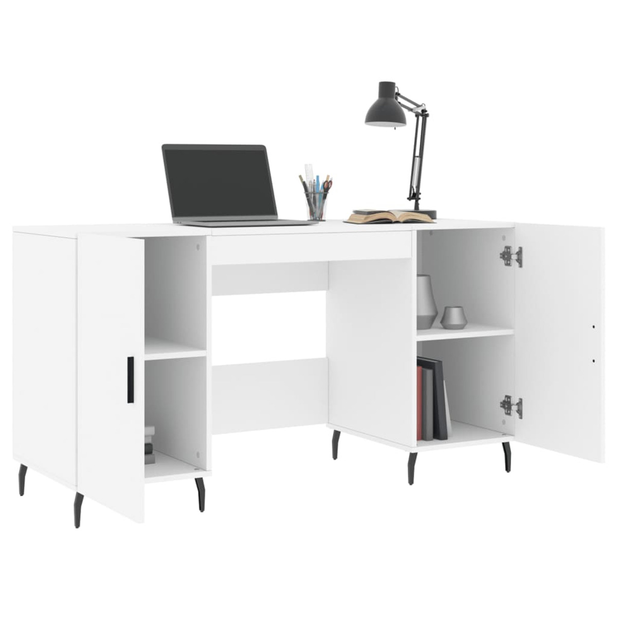 Ein weißer Schreibtisch mit integrierten Regalen, Schränken, einem Laptop, einer Lampe und Büchern auf weißem Hintergrund.