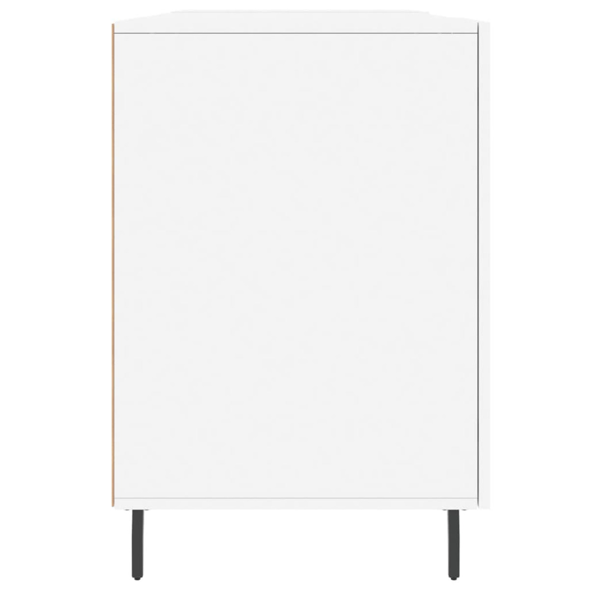 Ein weißer Schrank mit schlanken schwarzen Metallbeinen steht auf einem hellen Hintergrund.