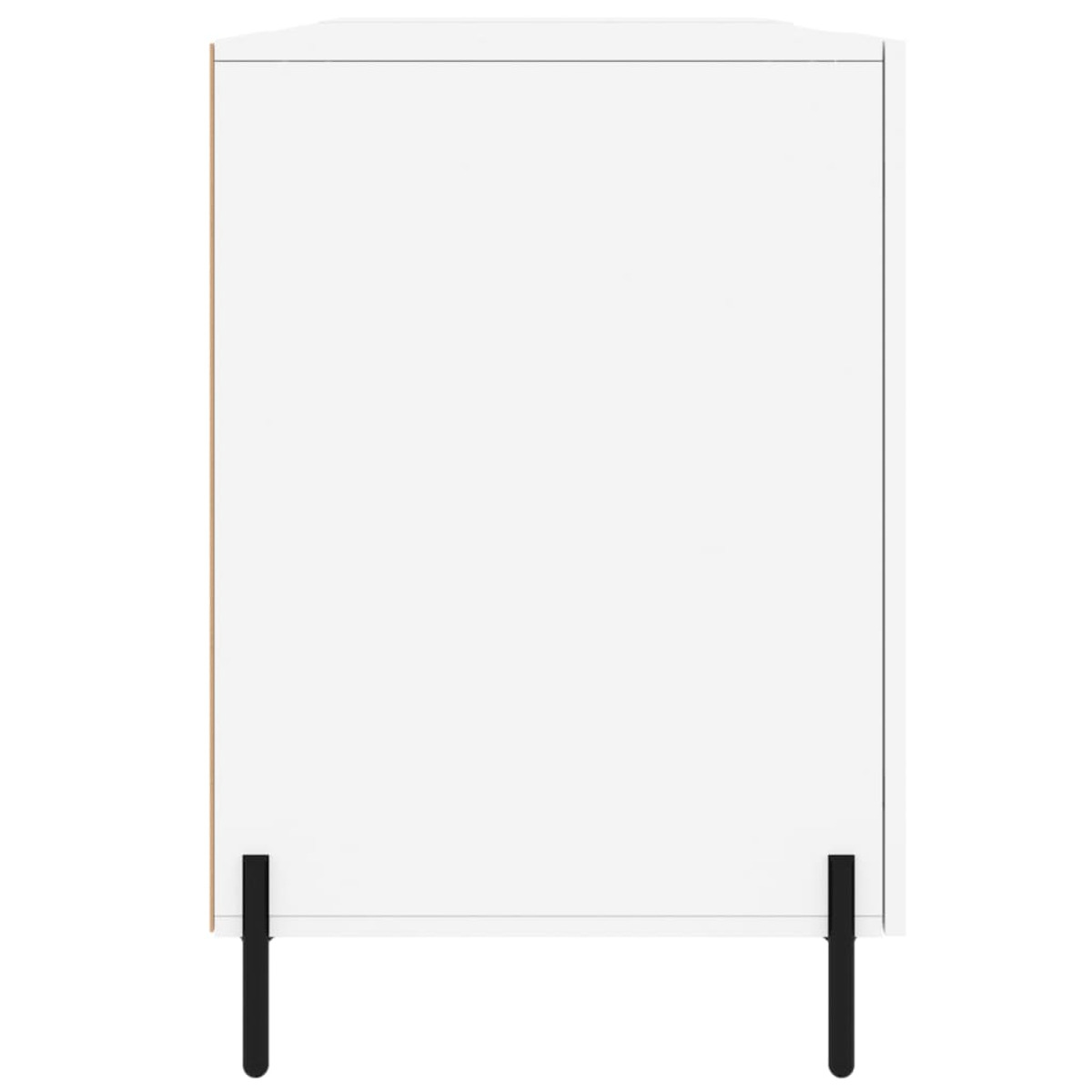 Ein weißer Schrank mit schlanken schwarzen Metallbeinen steht auf einem hellen Hintergrund.