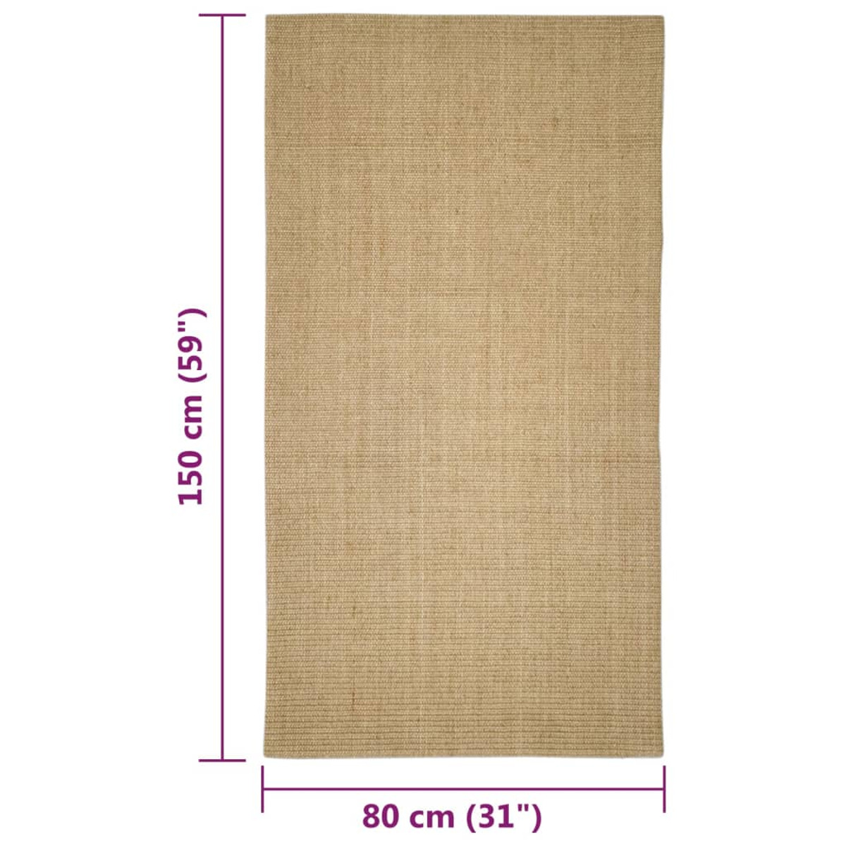 Ein rechteckiger, beiger Jute-Teppich mit den Maßen 150x80 cm auf weißem Hintergrund.