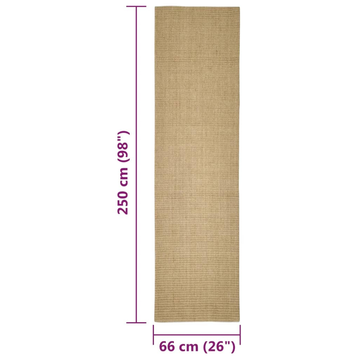Beige gewebter Teppichläufer mit Maßen von 250 cm mal 66 cm auf weißem Hintergrund.
