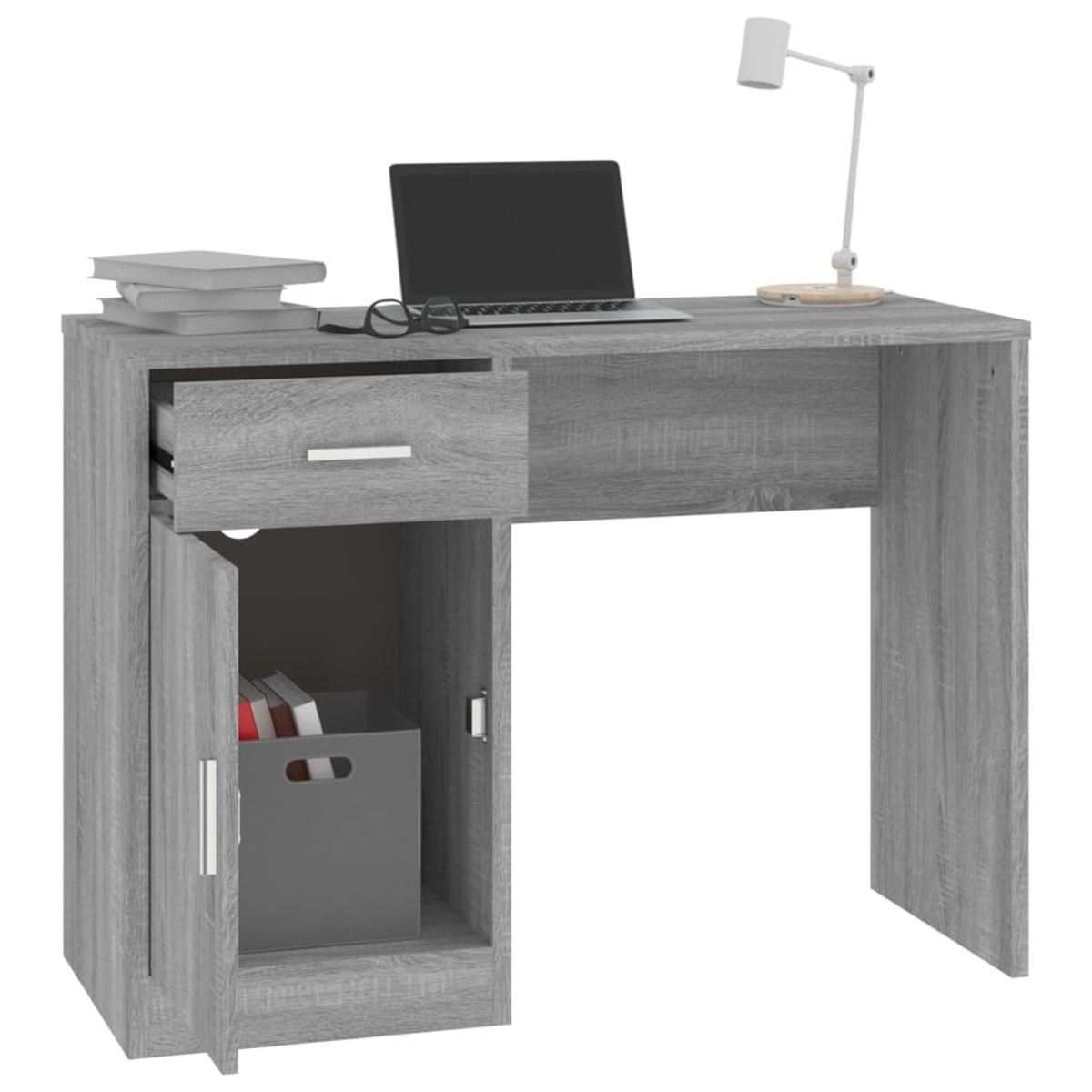 Ein grauer Holztisch mit Laptop, Lampe, Brille, Büchern und einem offenen Schrank mit Aufbewahrungsbox.