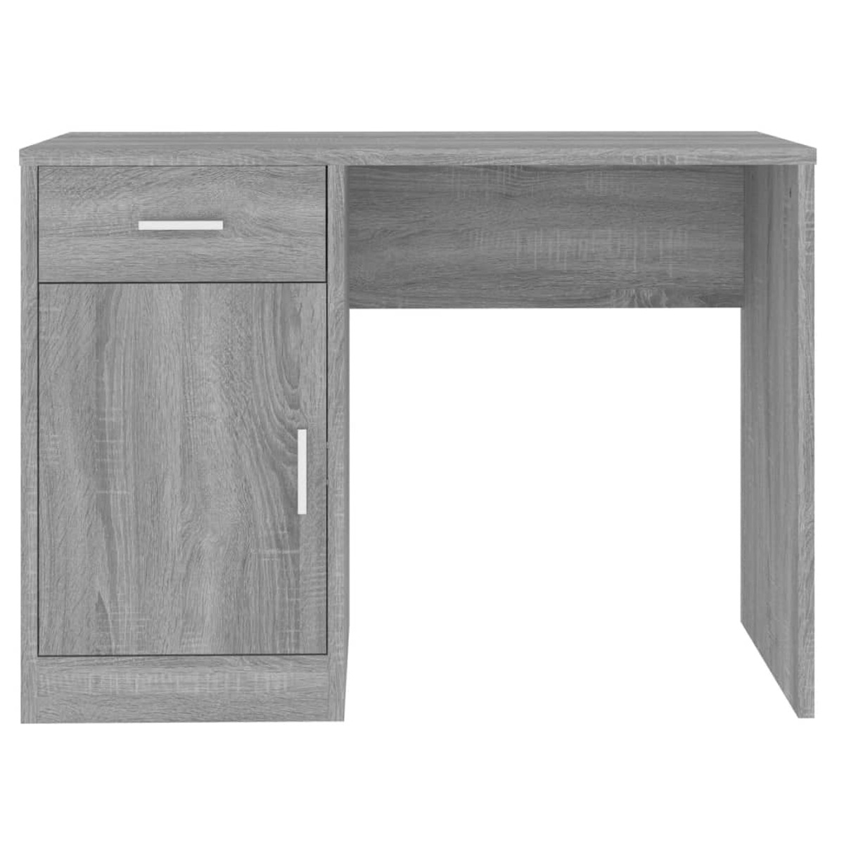 Grauer Holzschreibtisch mit einer Schublade und einer Schranktür mit silbernen Griffen.
