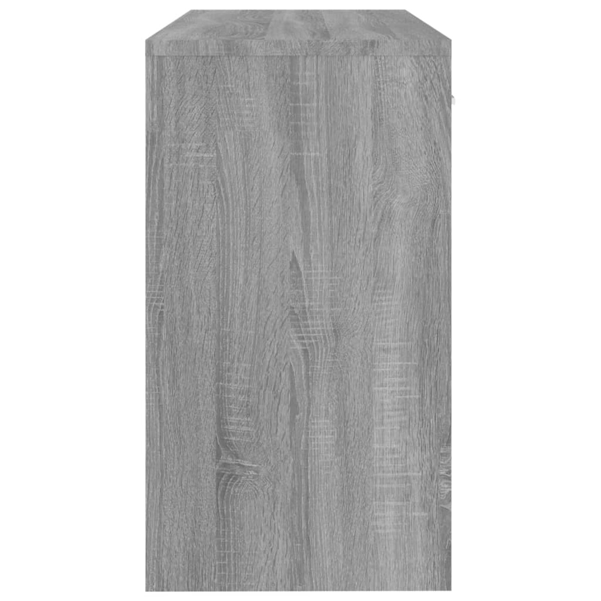 Ein grauer Holzschrank von der Seite, Holzmaserung vor weißem Hintergrund.
