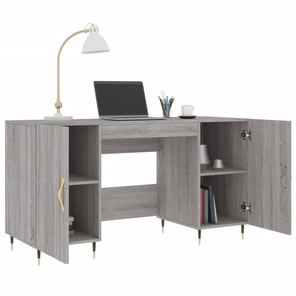 Grauer Schreibtisch mit Schränken, offenen Regalen, Lampe, Laptop und Tasse.