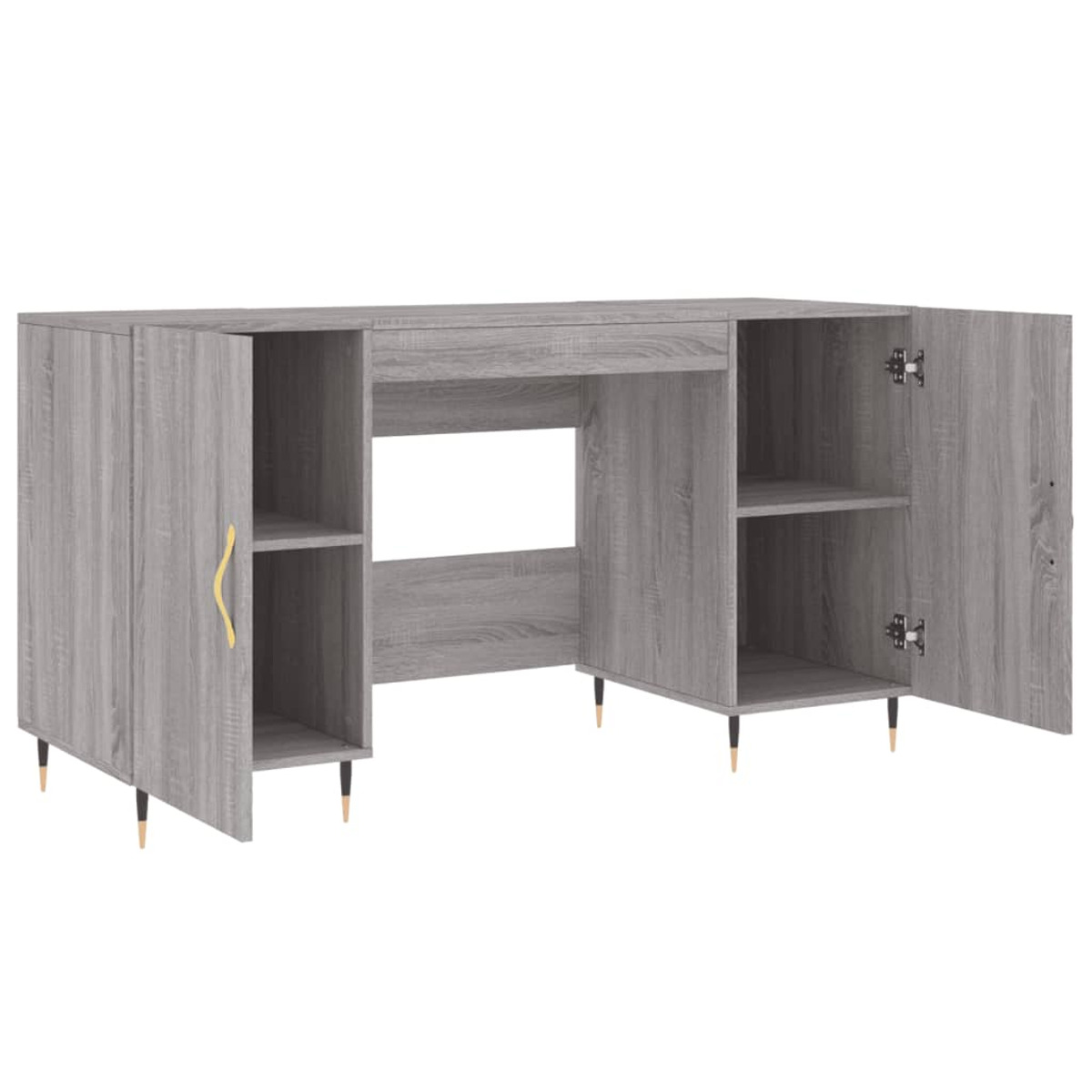 Grauer Holztisch mit offenen Regalen und Schränken, getragen von schlanken Beinen mit goldenen Akzenten.