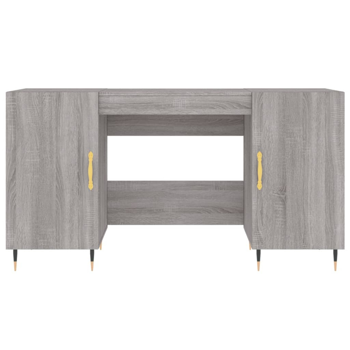 Ein grauer Schreibtisch mit Holzmaserung, goldenen Griffen und vier schlanken, spitz zulaufenden Metallbeinen.