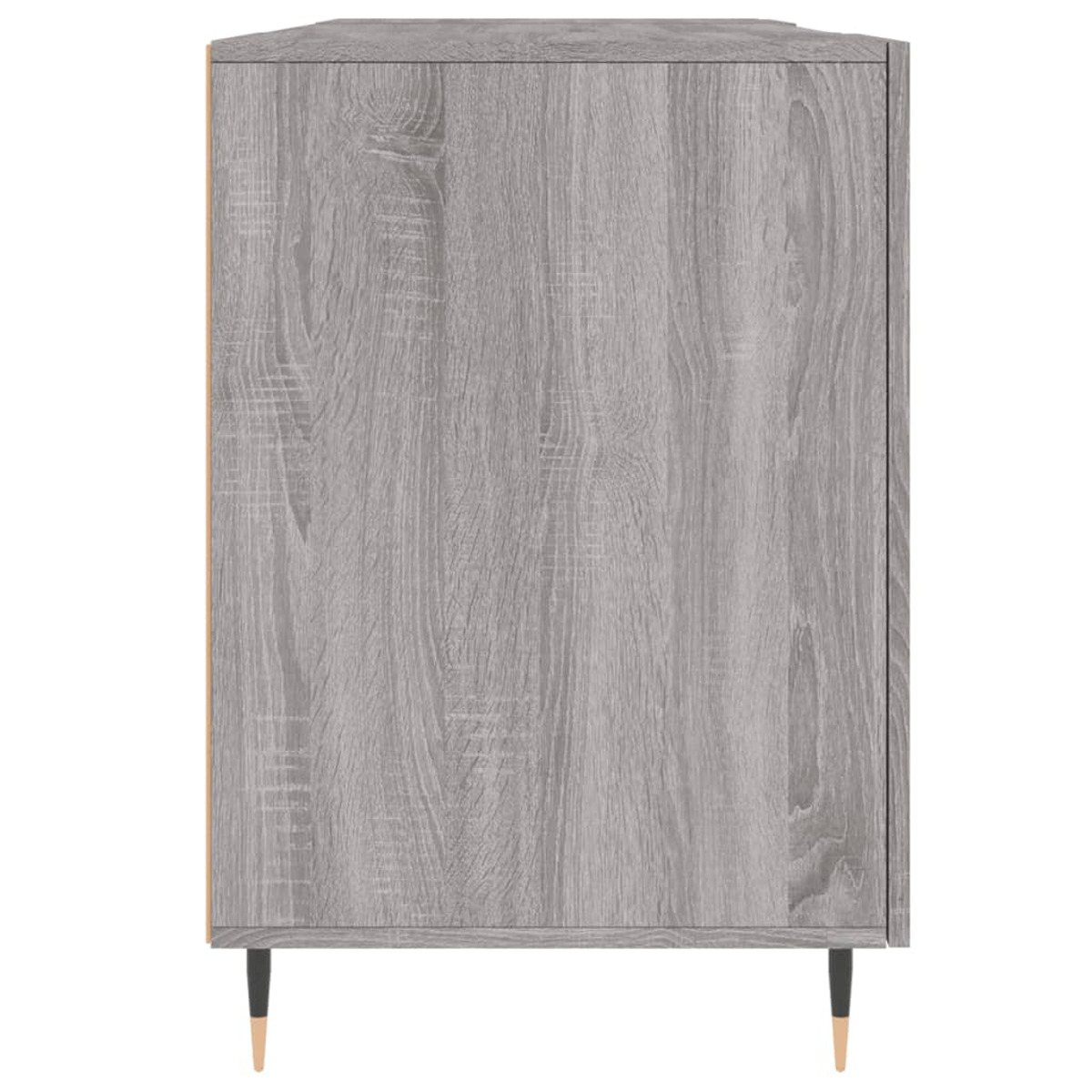 Grauer Holzschrank mit schlanken, schwarzen Beinen auf weißem Hintergrund.