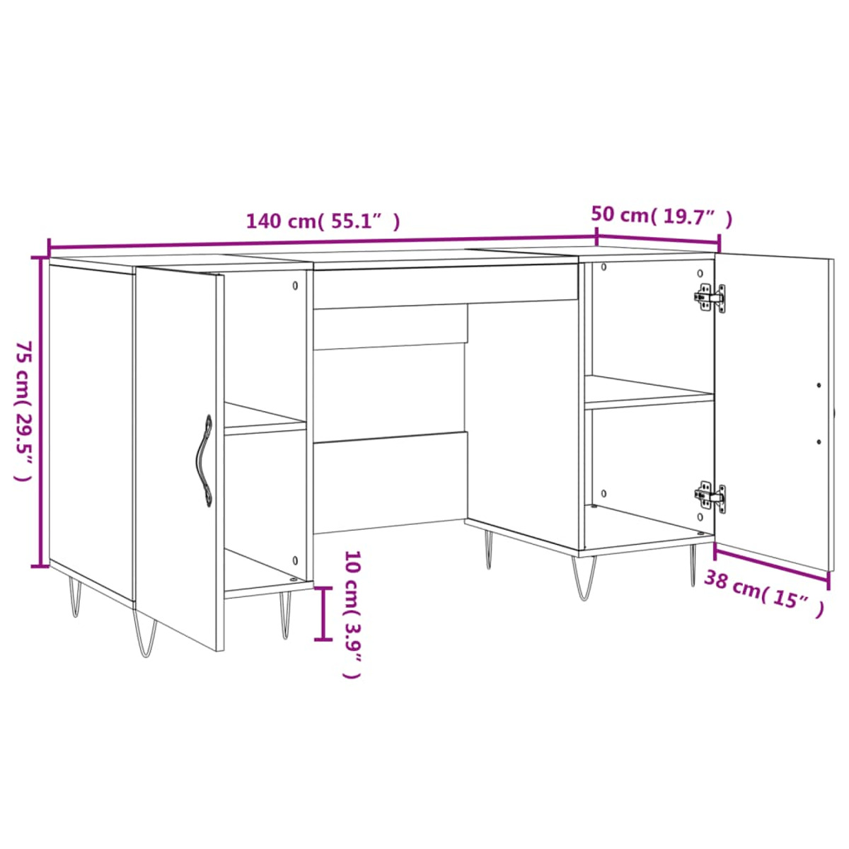 Dibujo lineal de un aparador con dimensiones: 140x50x75 cm, con puertas de armario abiertas y patas de metal.