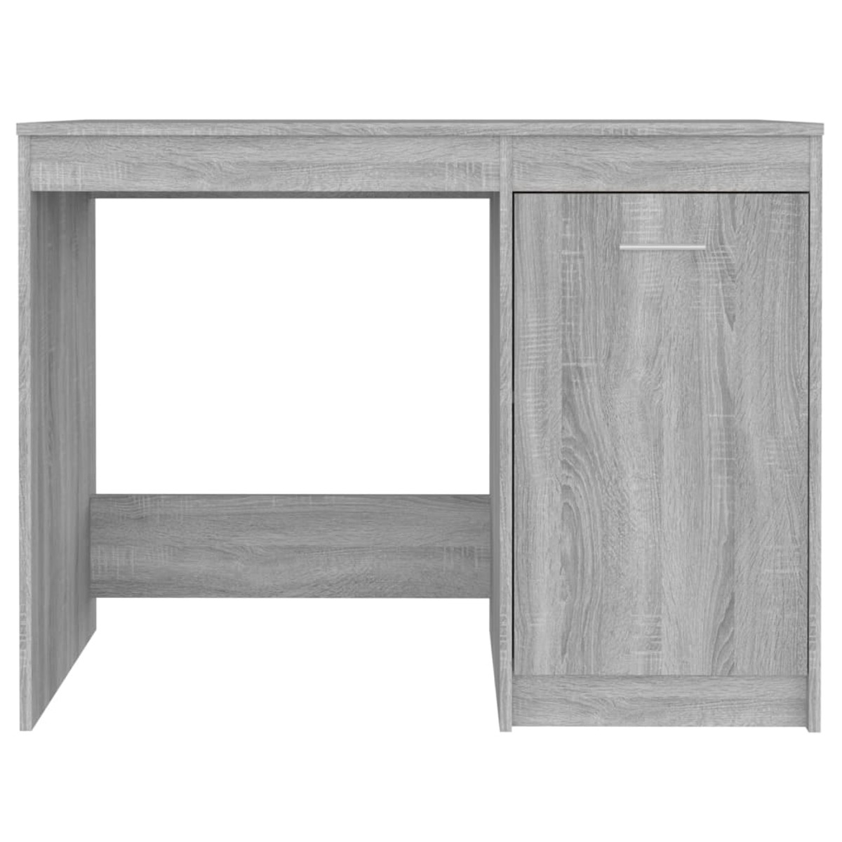 Grauer Holztisch mit offener Beinfreiheit links und einem geschlossenen Schrank mit silbernem Griff rechts auf weißem Grund.