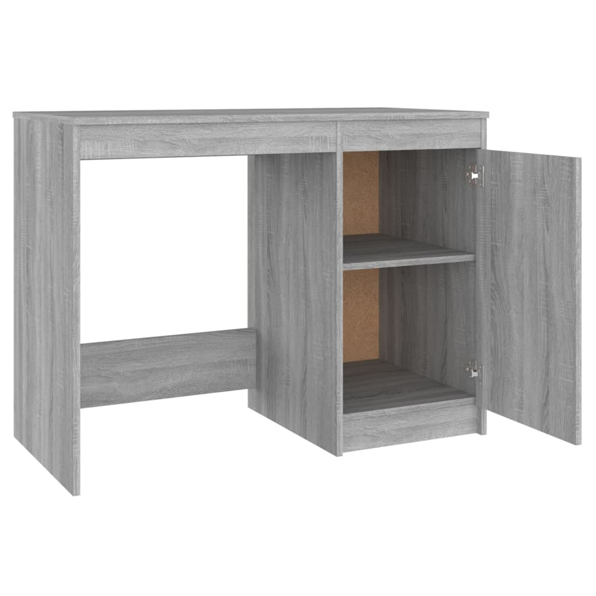 Grauer Holztisch mit einem offenen Fach und einem Schrank mit geöffneter Tür rechts.