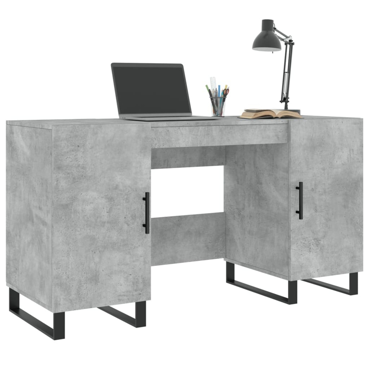 Grauer Schreibtisch mit zwei Schränken, Laptop, Stiften, Lampe und Buch.