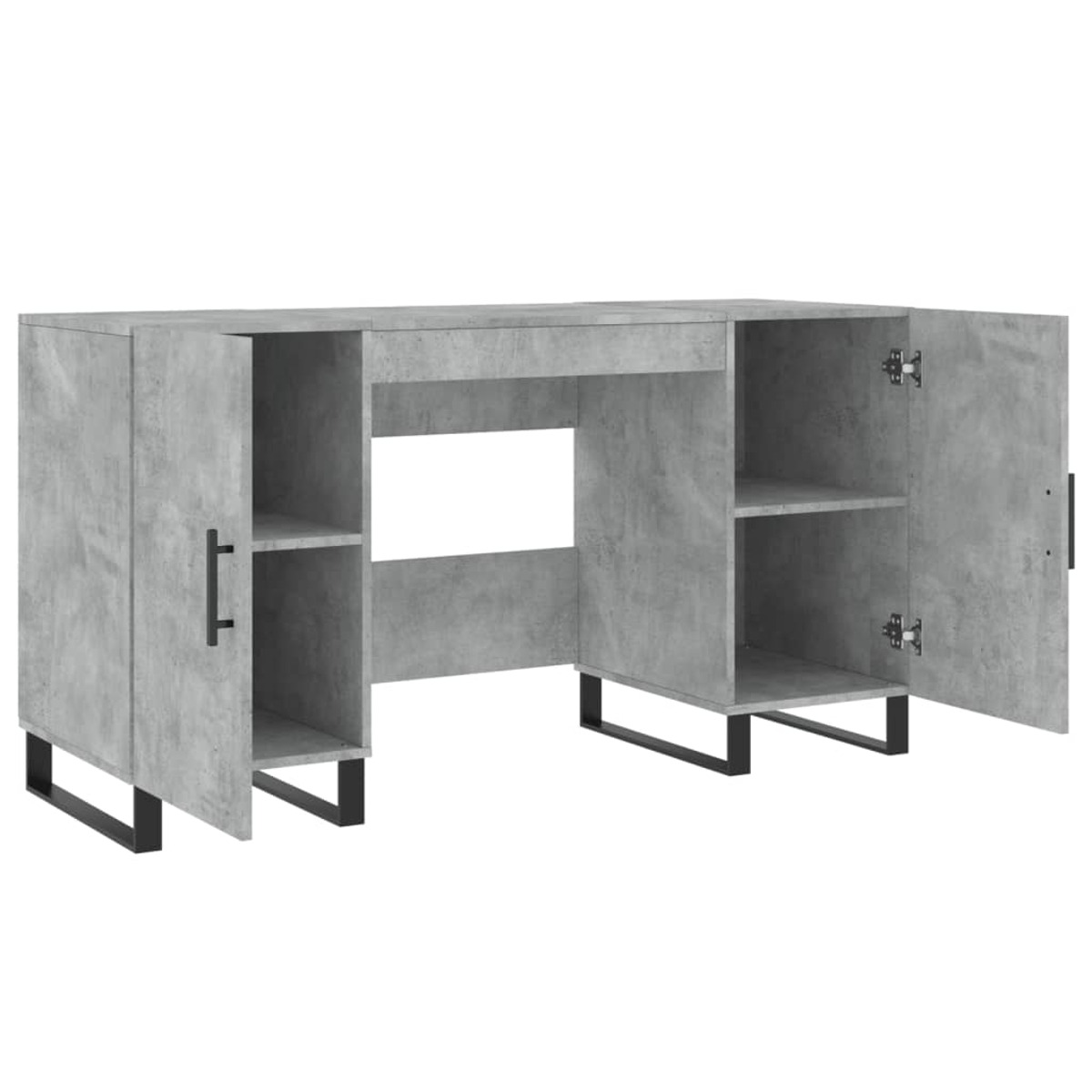 Grauer Schreibtisch mit Betonoptik, offenen Regalen, Schranktüren und schwarzen Metallbeinen.
