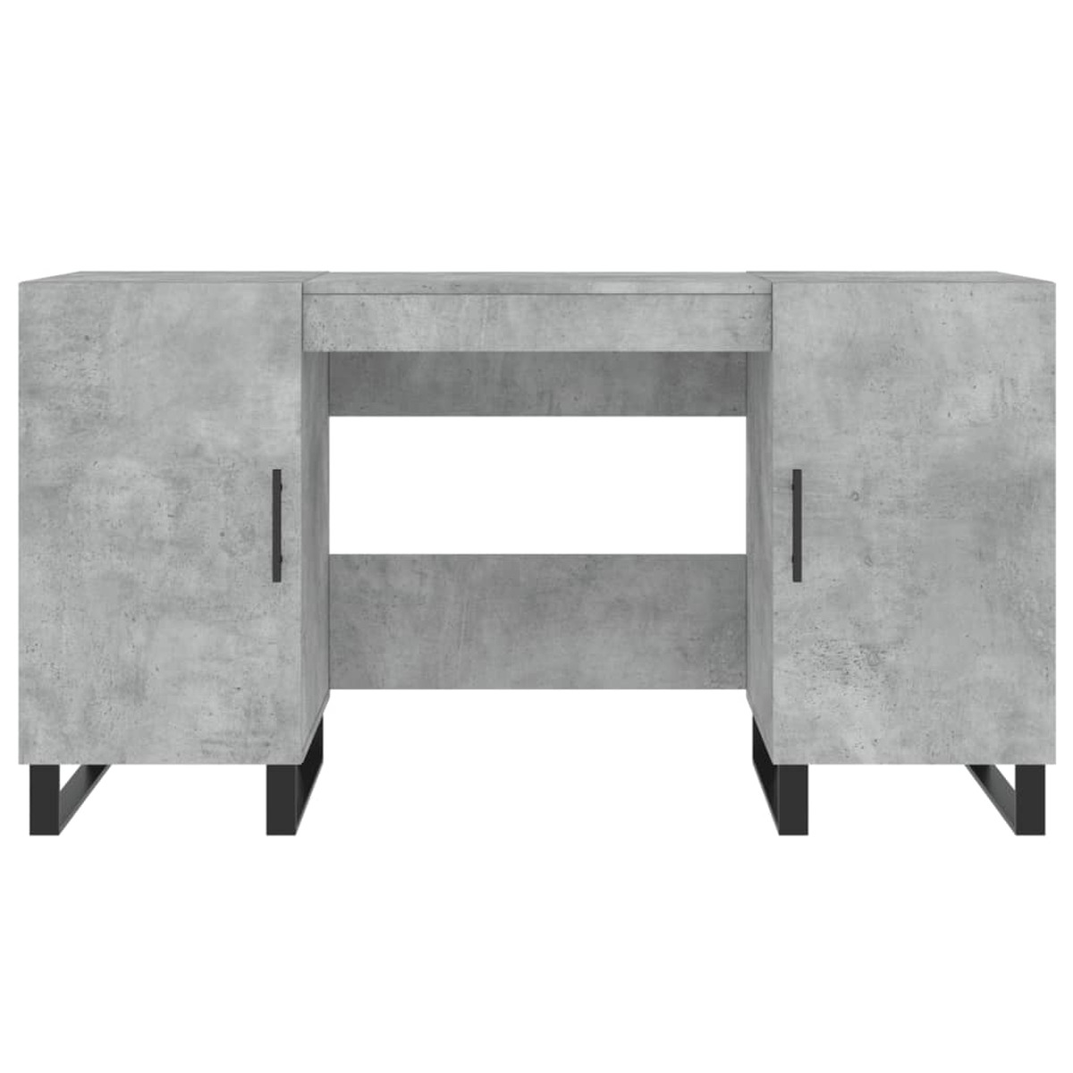 Ein grauer Schreibtisch im Betonlook mit zwei Schränken und schwarzen Metallbeinen.
