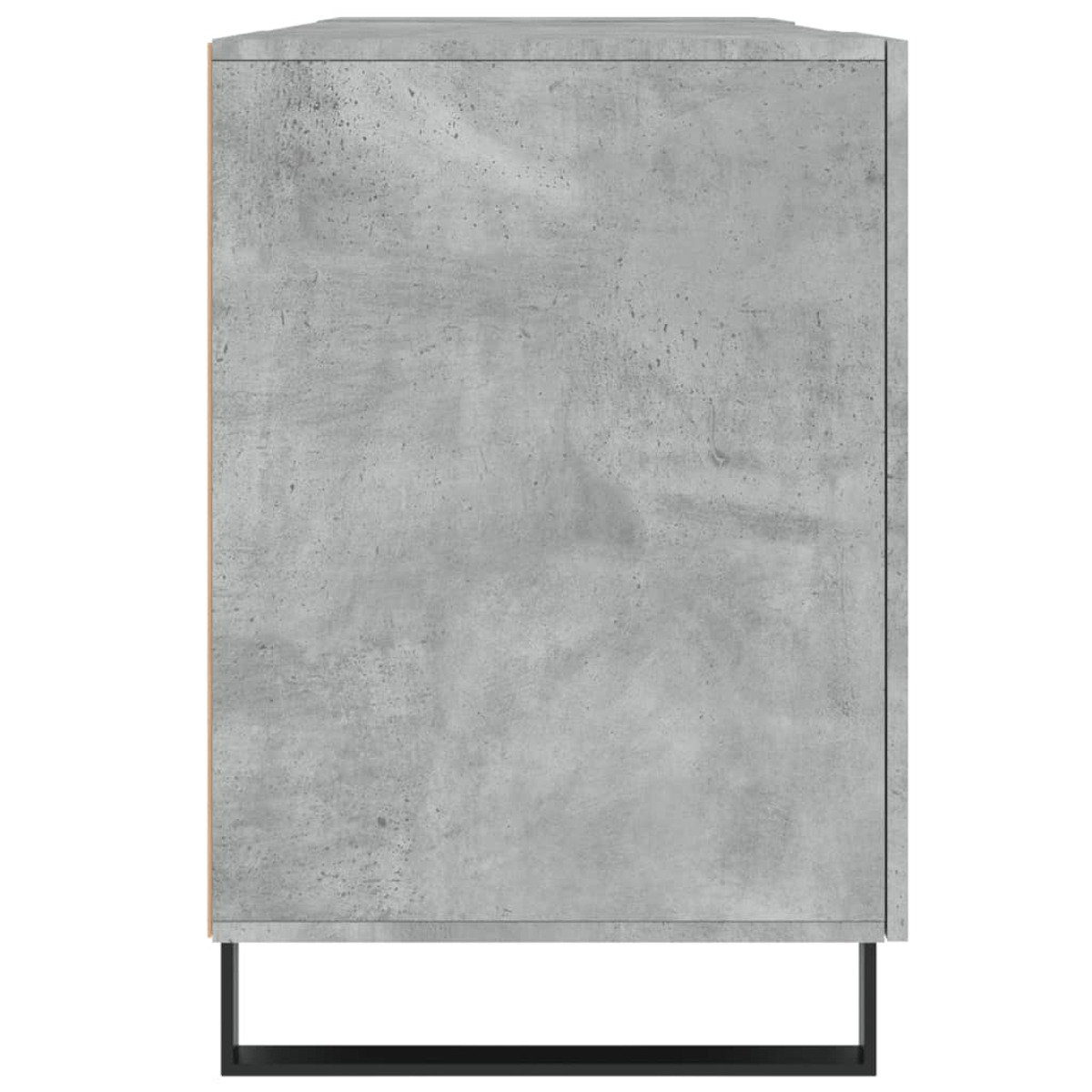 Seitenansicht eines grauen Sideboards mit Betonoptik auf einem schwarzen Metallgestell vor weißem Hintergrund.