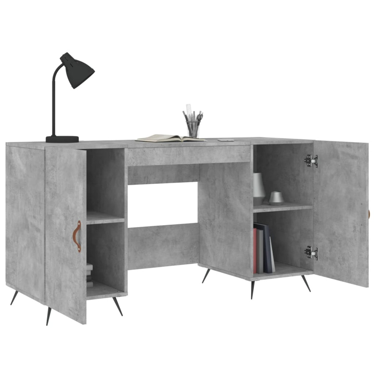 Grauer Schreibtisch im Betonlook mit Regalen, Schränken, schwarzer Lampe und Stiften.