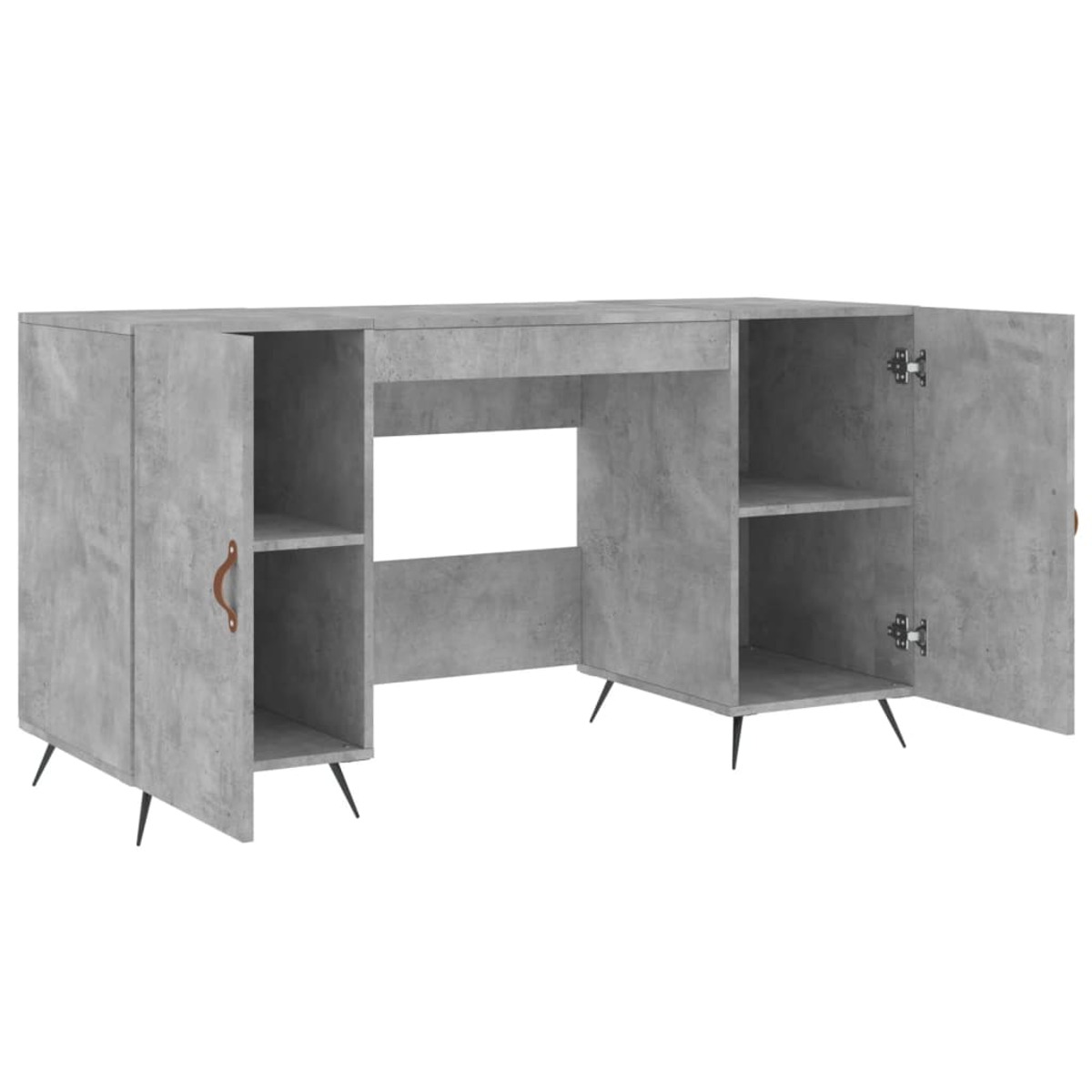 Ein grauer Schreibtisch im Betonlook mit zwei offenen Fächern, Schranktüren und dünnen schwarzen Metallbeinen.