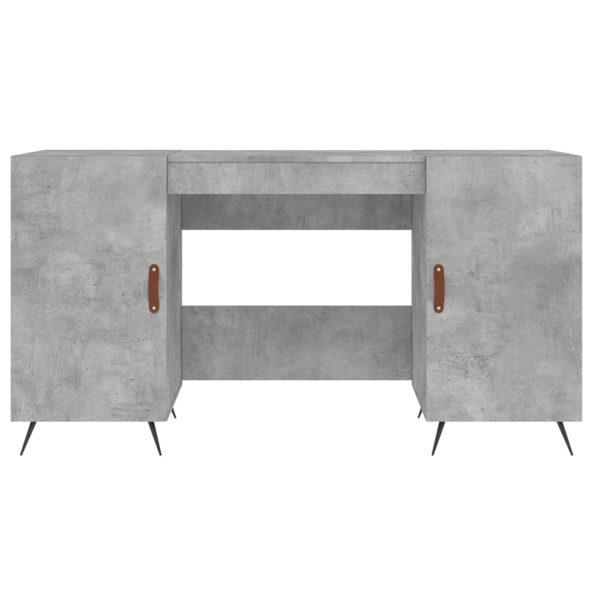 Grauer Schreibtisch in Betonoptik mit zwei Schränken, braunen Griffen und schwarzen Metallbeinen.