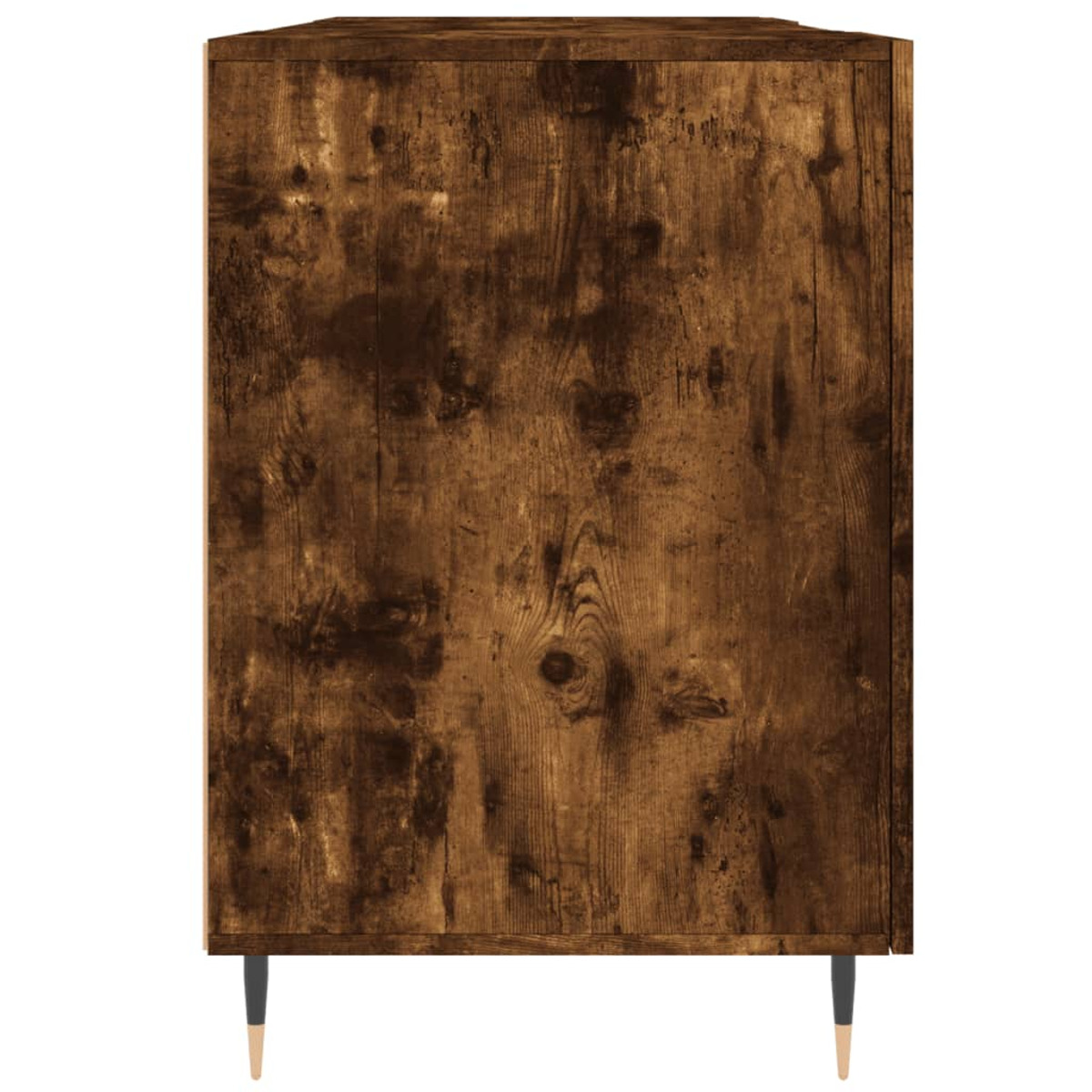 Gabinete de madera marrón con diseño veteado sobre esbeltas patas de metal negro.