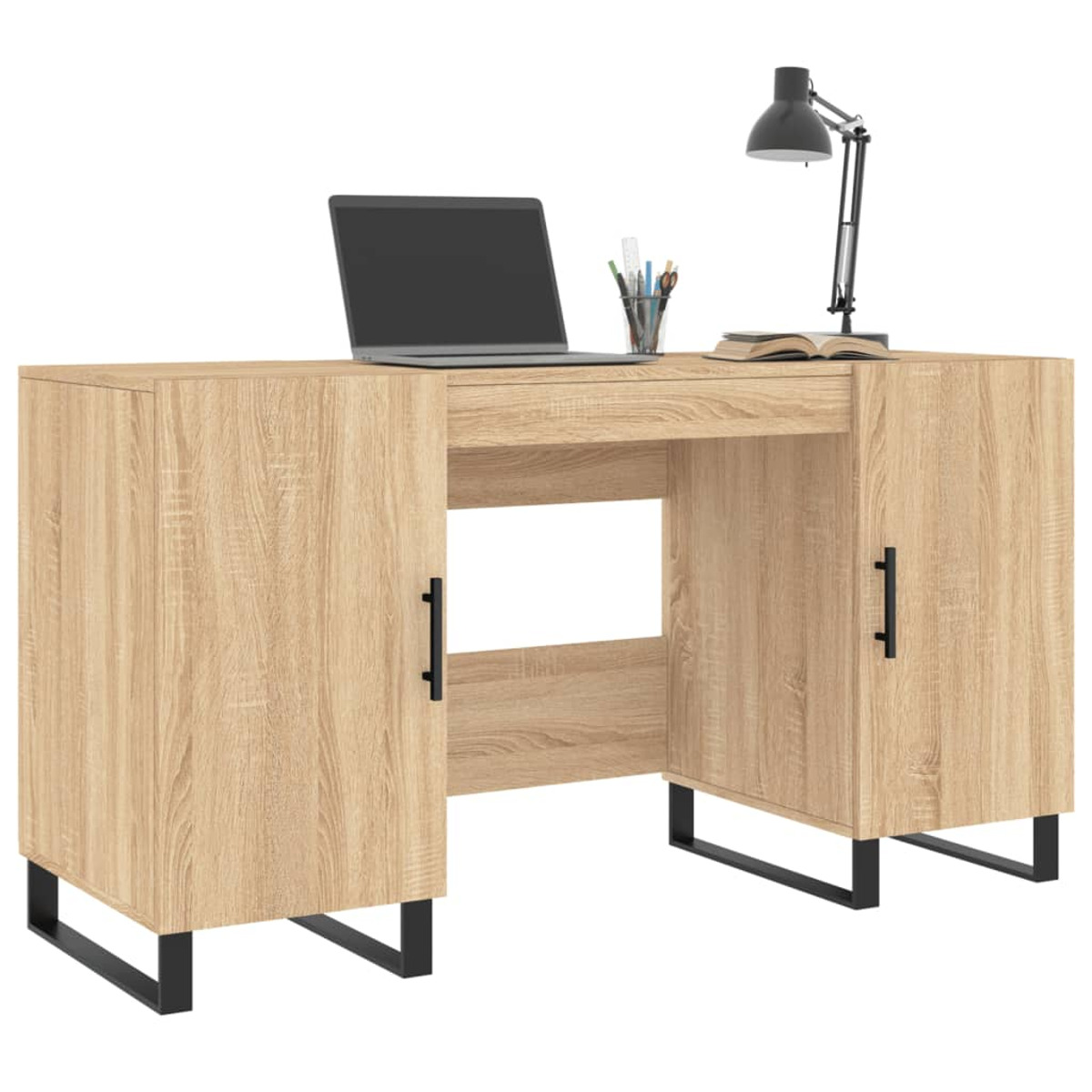 Holzschreibtisch mit zwei Schränken, schwarzem Metallgestell, Laptop, Stiften, Lampe und Buch.