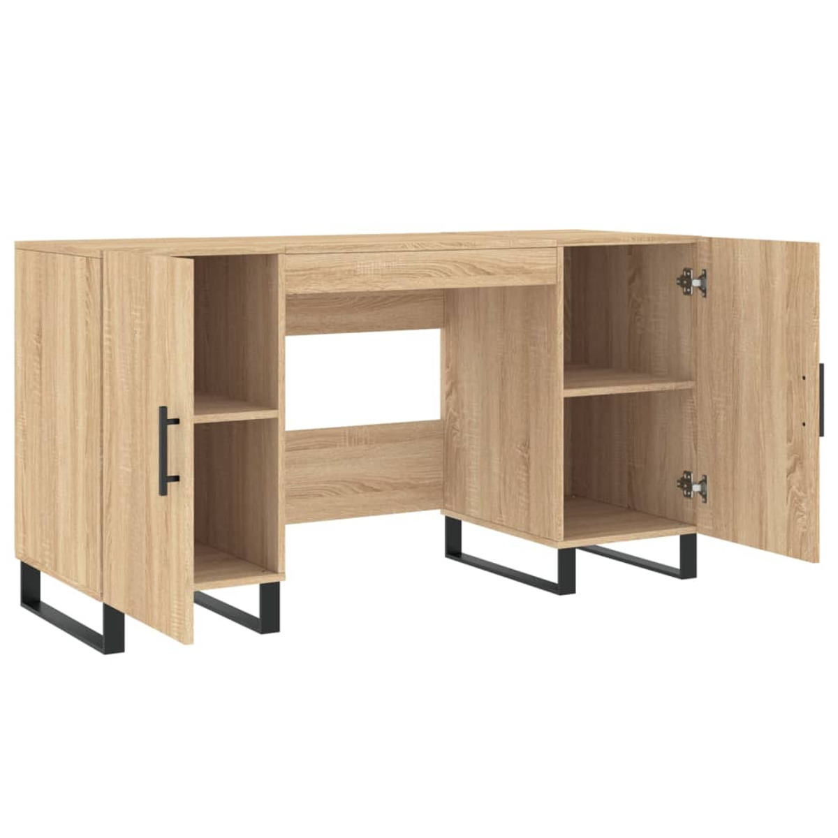 Holzfarbener Schreibtisch mit offenen Regalen und schwarzen Metallbeinen, beide Türen sind geöffnet.